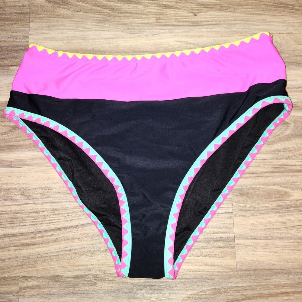 Popvil Womens High Waisted Bikini Bottoms Pink Black Scalloped Trim Large NWT